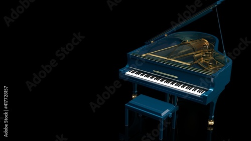 Sky Blue Grand Piano under Black Background. 3D illustration. 3D high quality rendering. 3D CG.