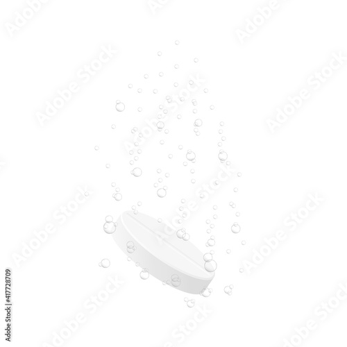 Effervescent soluble tablet with underwater bubbles isolated on white background. Medicine pill dissolving in water. Vector realistic illustration.