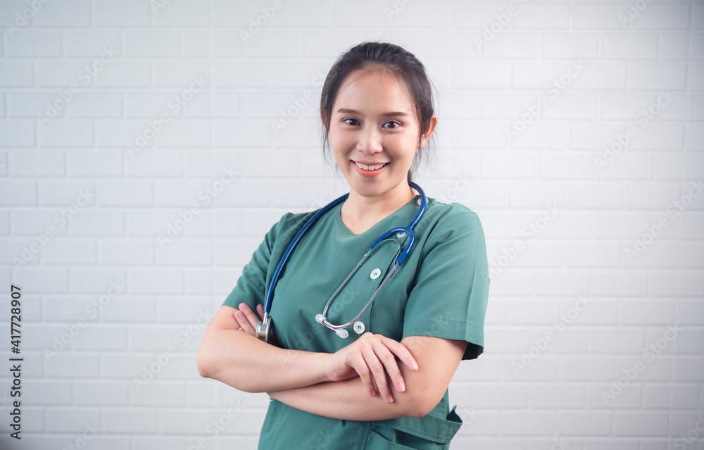Asian female doctor healthcare worker confident strong happy smiling cheerful, medical surgeon nurse professional specialist expert wearing uniform stethoscope standing white isolated background Asian female doctor healthcare worker confident strong happy smiling cheerful, medical surgeon nurse professional specialist expert wearing uniform stethoscope standing white isolated background