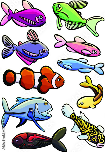 Set of fish, mix fish, clown, black, black, gold, puffer, cartoon style, stickers, underwater world, seafood, marine fauna, aquarium, colorful vector fish, cute, beautiful, children's books, aquarium