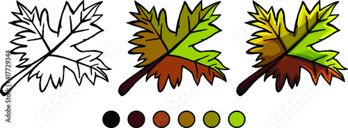 Illustration of a whimsical maple leaf on a white background, coloring book for children, outline style, flat style, cartoon style, isolated