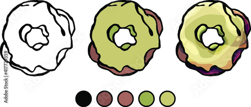 Vector donut image, white background, cartoon style, coloring book