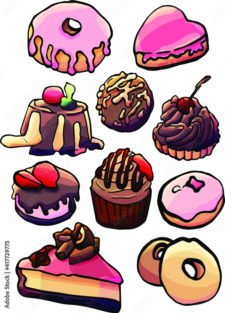 Set of sweets, cake, mafin, donut, cartoon style isolated on white background, holiday, cafe, sweets, dessert, for children, stickers, menu, packaging, birthday, pastry shop, berries, sweets vector
Set of sweets, cake, mafin, donut, cartoon style isolated on white background, holiday, cafe, sweets, dessert, for children, stickers, menu, packaging, birthday, pastry shop, berries, sweets vector