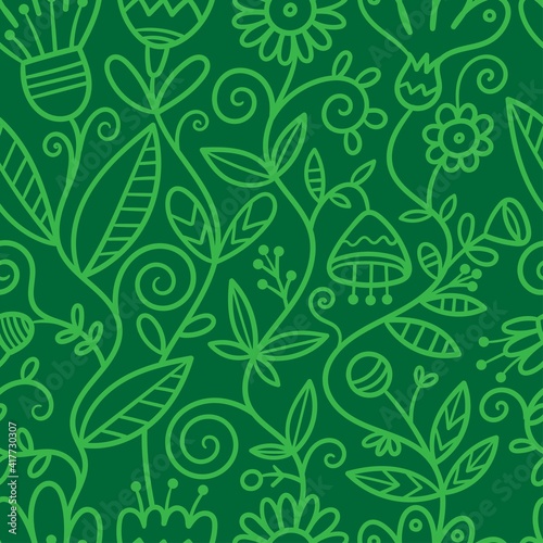 Seamless pattern with different plants and  flowers on green background. Vector print with herbs. Botanical doodle wallpaper.