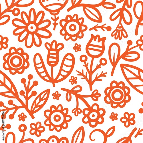 Seamless pattern with different plants and  flowers on  white background. Vector print with herbs. Botanical doodle wallpaper.