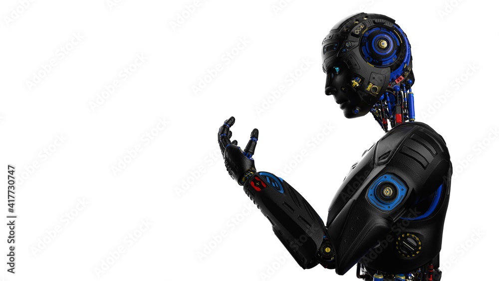 Detailed appearance of the Black AI robot under white background. 3D illustration. 3D high quality rendering. 3D CG. Detailed appearance of the Black AI robot under white background. 3D illustration. 3D high quality rendering. 3D CG.