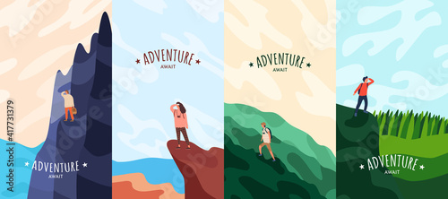 Vector illustration. Travel concept of discovering, exploring and observing nature. Hiking. Adventure tourism background. Minimalist graphic. Cartoon flat design for flyer, poster, flyer, voucher