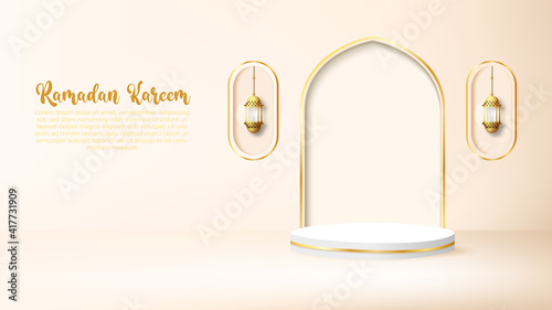 3d ramadan kareem background with golden lamp and podium.