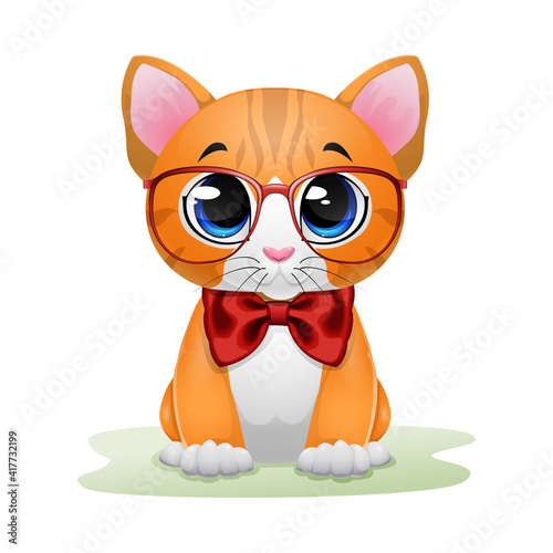 Cute kitten cartoon wearing red glasses and bow
