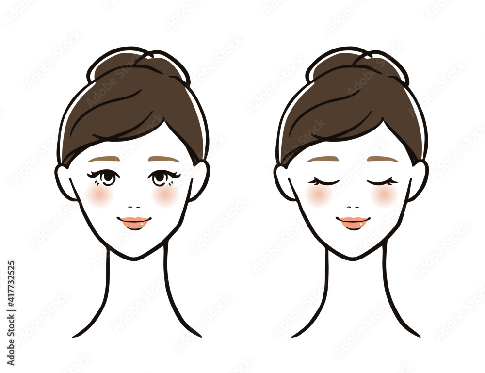 女性 顔 正面 目を閉じる 目を開ける セット