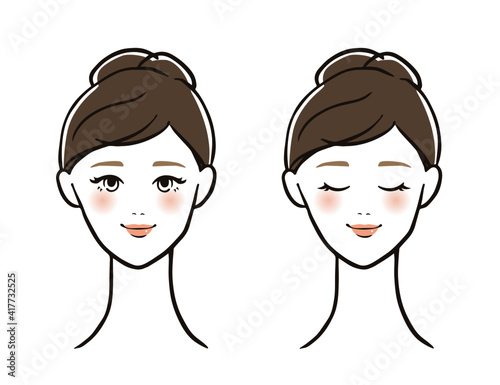 女性 顔 正面 目を閉じる 目を開ける セット
