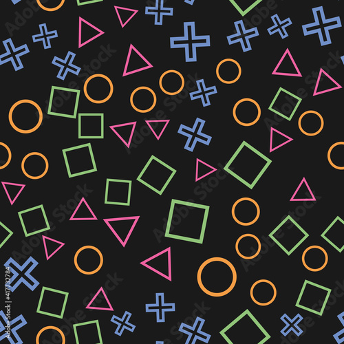 Seamless pattern with colorful geometric shapes on black background