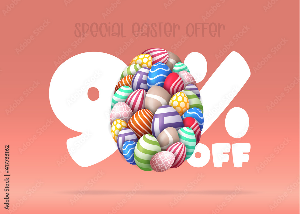 Happy Easter Sale banner. Easter Sale 90 off banner template with many Colorful Painted Easter Eggs. Vector illustration