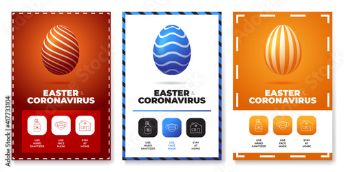 Easter coronavirus all in one icon poster set vector illustration. Coronavirus protection flyer with realistic easter egg. Stay at home, use face mask, use hand sanitizer