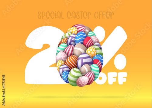 Happy Easter Sale banner. Easter Sale 20 off banner template with many Colorful Painted Easter Eggs. Vector illustration
