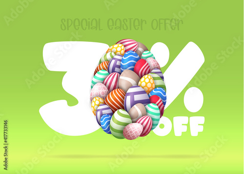 Happy Easter Sale banner. Easter Sale 30 off banner template with many Colorful Painted Easter Eggs. Vector illustration