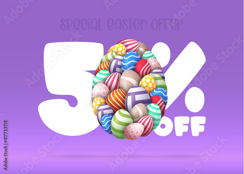 Happy Easter Sale banner. Easter Sale 50 off banner template with many Colorful Painted Easter Eggs. Vector illustration