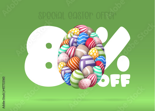 Happy Easter Sale banner. Easter Sale 80 off banner template with many Colorful Painted Easter Eggs. Vector illustration