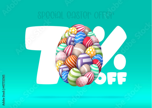 Happy Easter Sale banner. Easter Sale 70 off banner template with many Colorful Painted Easter Eggs. Vector illustration