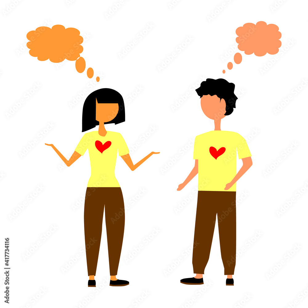 Vector ilustration of couple lovers who are talking. Thinking people (or couple) character. People with hand on chin thinking about question, pensive expression. Vector ilustration of couple lovers who are talking. Thinking people (or couple) character. People with hand on chin thinking about question, pensive expression.