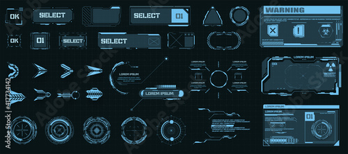 Circle Abstract digital technology UI,UX Futuristic HUD, FUI, Virtual Interface. Callouts titles and frame in Sci- Fi style. Bar labels, info call box bars. Futuristic info boxes layout templates. Aim