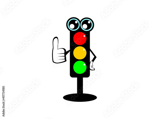 Cartoon traffic light with one leg. Traffic light vector icon signal. Stoplight isolated illustration sign red green and yellow.