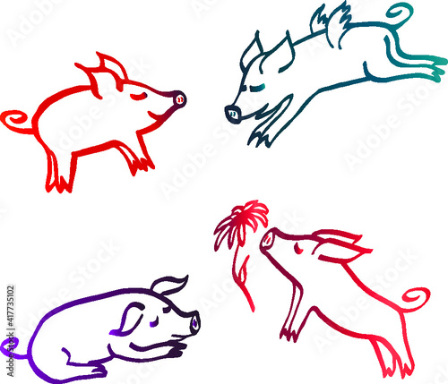 Set of hand drawn cartoon sketches of cute funny piggie characters. Vector illustration bright colors on white background