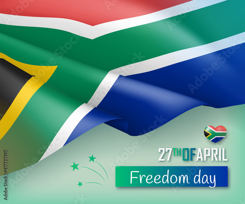 27 april South Africa Freedom Day. Festival banner, poster, flyer, card, background with waving national flag and greeting inscription realistic vector illustration