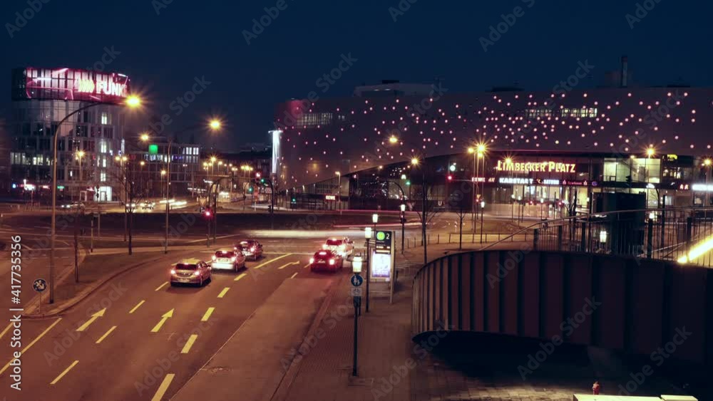 Essen, NRW/Germany - March 01, 2021: motion timelapse of Essen city (Limbecker Platz, videowall, Funke Medien Gruppe, Berliner Platz)