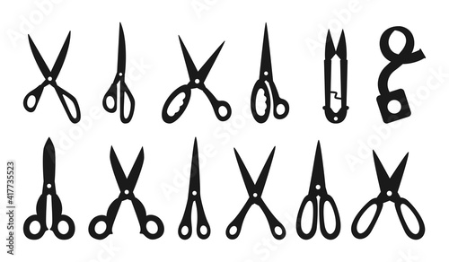 Scissor black silhouette set. Professional pair, scissors cutting hair or needlework. Craft and scissoring flat creative scissors. Open, closed cutting or nippers collection. Vector illustration