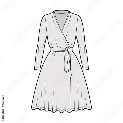 Wrap dress technical fashion illustration with deep V-neck, long sleeves, oversized, knee length, circular cut, tie. Flat apparel template front, grey color style. Women, men unisex CAD mockup