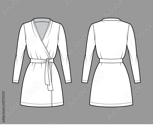 Wrap dress technical fashion illustration with deep V-neck, long sleeves, oversized, mini length, pencil cut, tie. Flat apparel template front, back, white color style. Women, men unisex CAD mockup