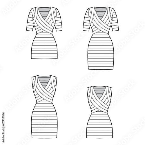 Set of Bandage dresses technical fashion illustration with V-neck, short sleeves, sleeveless, fitted body, knee mini length, pencil cut. Flat apparel template front, white color. Women, men CAD mockup