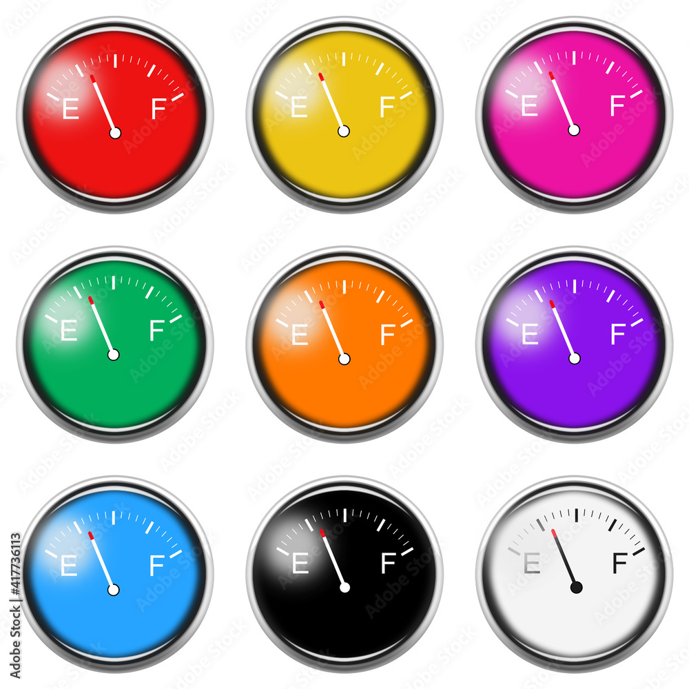 Fuel gauge sign button icon set isolated on white with clipping path 3d illustration Fuel gauge sign button icon set isolated on white with clipping path 3d illustration