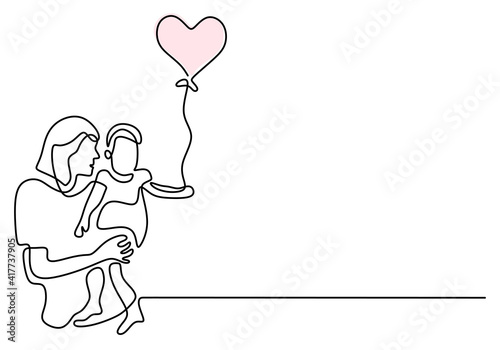 Continuous one line drawing of woman holding her baby with air balloons. Young mother with a kid isolated on white background. Happy Woman's Day. Family parenthood concept. Vector illustration