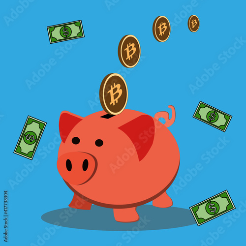 Piggy bank saving bitcoins vector