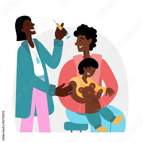  Prevention injection, immunization.Family vaccination concept for immunity health. Black doctor pediatrician makes an injection of flu vaccine to a baby in hospital. Vaccination.