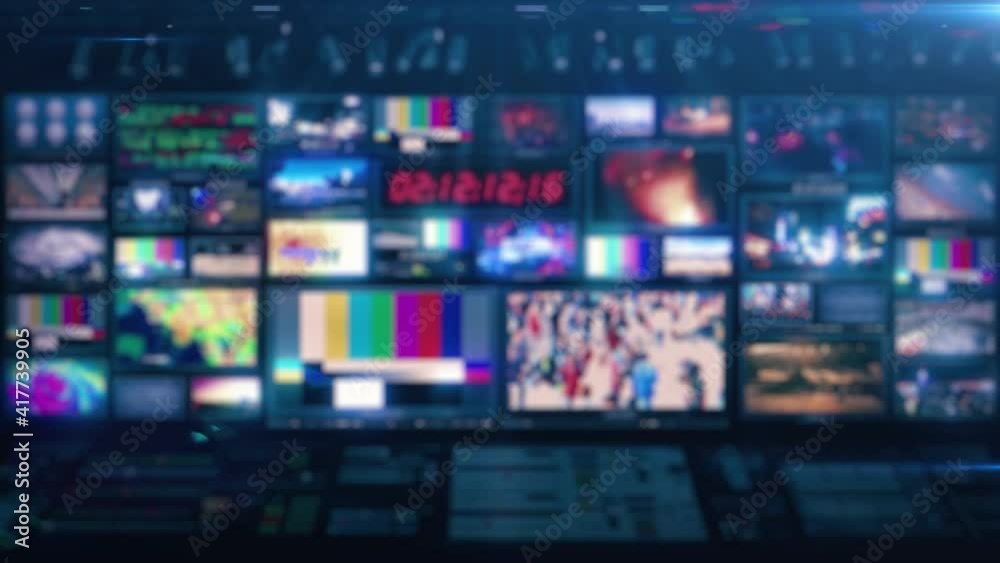 Defocused TV Broadcast News Studio Video Control Room Screens - Loop 4K