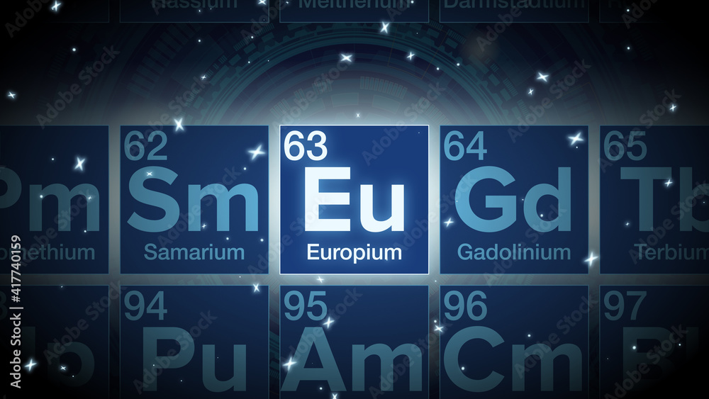 Obraz premium Close up of the Europium symbol in the periodic table, tech space environment.