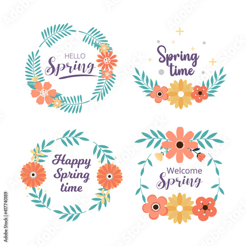 Spring badge and label collection. Hello spring. Greeting card. Vector illustration. Hand drawn. Flat design.