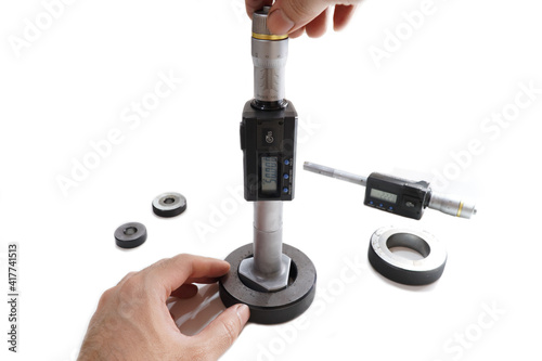Obraz na płótnie Mechanical Three-Point Internal Micrometer with Setting Ring on a white background,Digital hole micrometer 