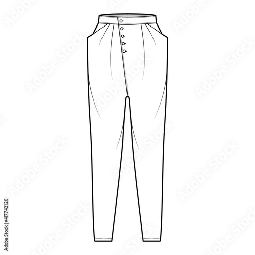 Tapered Baggy pants technical fashion illustration with low waist, rise, slash pockets, draping front, full lengths. Flat bottom apparel template, white color style. Women, men, unisex CAD mockup
