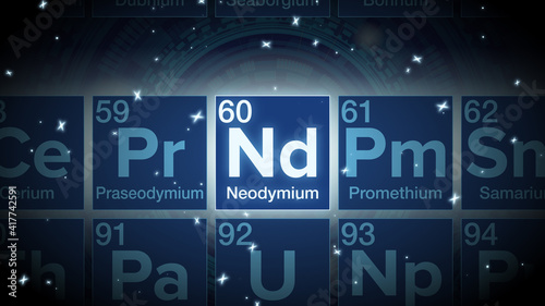 Close up of the Neodymium symbol in the periodic table, tech space environment.