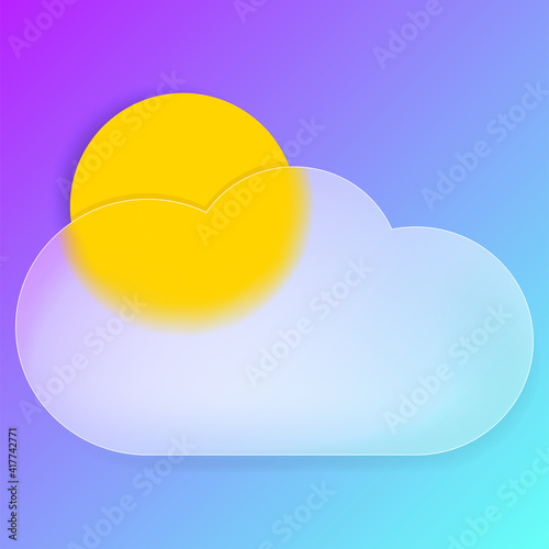 Glass morphism 3d illustration. Closed sky vector icon: the sun is covered by clouds. Icon for mobile devices, mobile applications in the style of glass morphism.