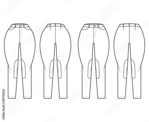 Set of Jeans Classic Jodhpurs Denim pants technical fashion illustration with normal low waist, high rise, belt loops, full lengths. Flat template front back, white color style. Women, men CAD mockup
