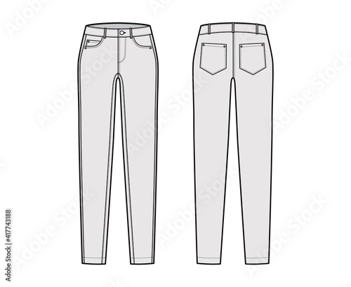Jeans tapered Denim pants technical fashion illustration with full length, low waist, rise, 5 pockets, Rivets, belt loops. Flat bottom template front back grey color style. Women men unisex CAD mockup