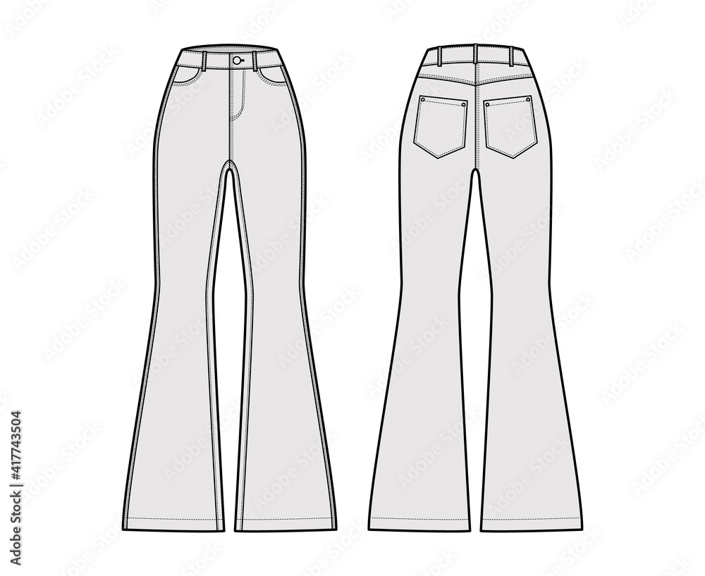 Jeans flared bottom Denim pants technical fashion illustration with full  length, normal waist, high rise, 5 pockets. Flat bottom apparel template  front back grey color. Women, men, unisex CAD mockup Stock Vector