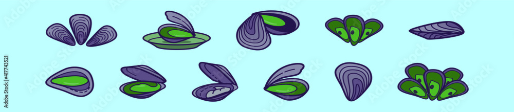 set of mussel cartoon icon design template with various models. vector illustration isolated on blue background set of mussel cartoon icon design template with various models. vector illustration isolated on blue background