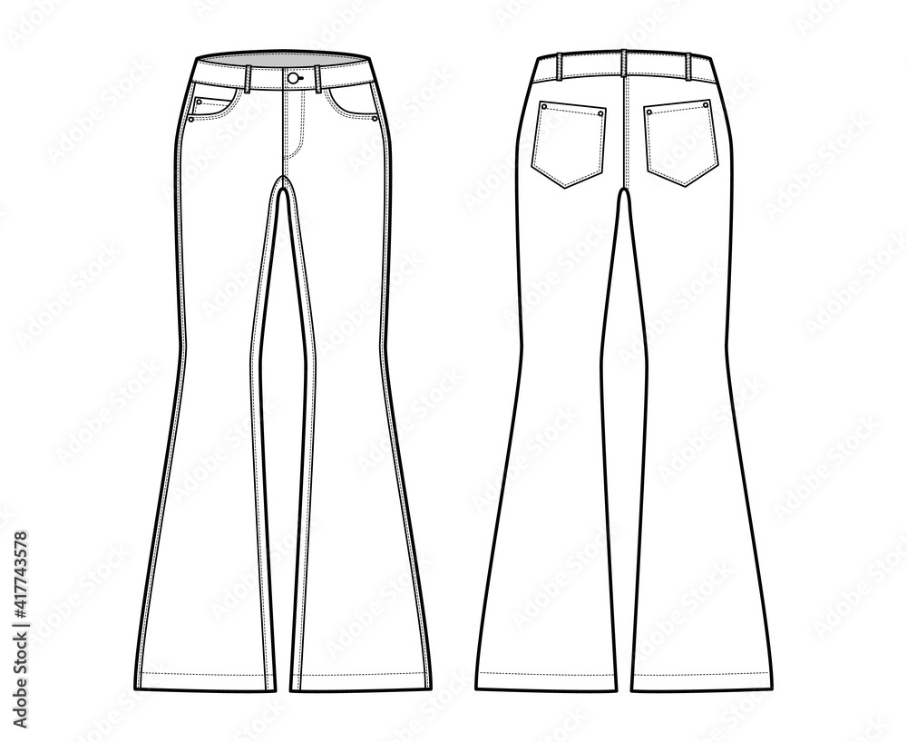 Jeans flared bottom Denim pants technical fashion illustration with full length, low waist, rise, 5 pockets, Rivets. Flat bottom apparel template front back, white color style. Women, men, CAD mockup Jeans flared bottom Denim pants technical fashion illustration with full length, low waist, rise, 5 pockets, Rivets. Flat bottom apparel template front back, white color style. Women, men, CAD mockup