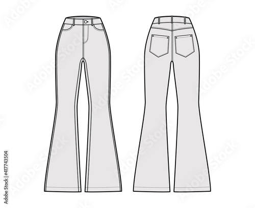 Jeans flared bottom Denim pants technical fashion illustration with full length, normal waist, high rise, 5 pockets. Flat bottom apparel template front back grey color. Women, men, unisex CAD mockup